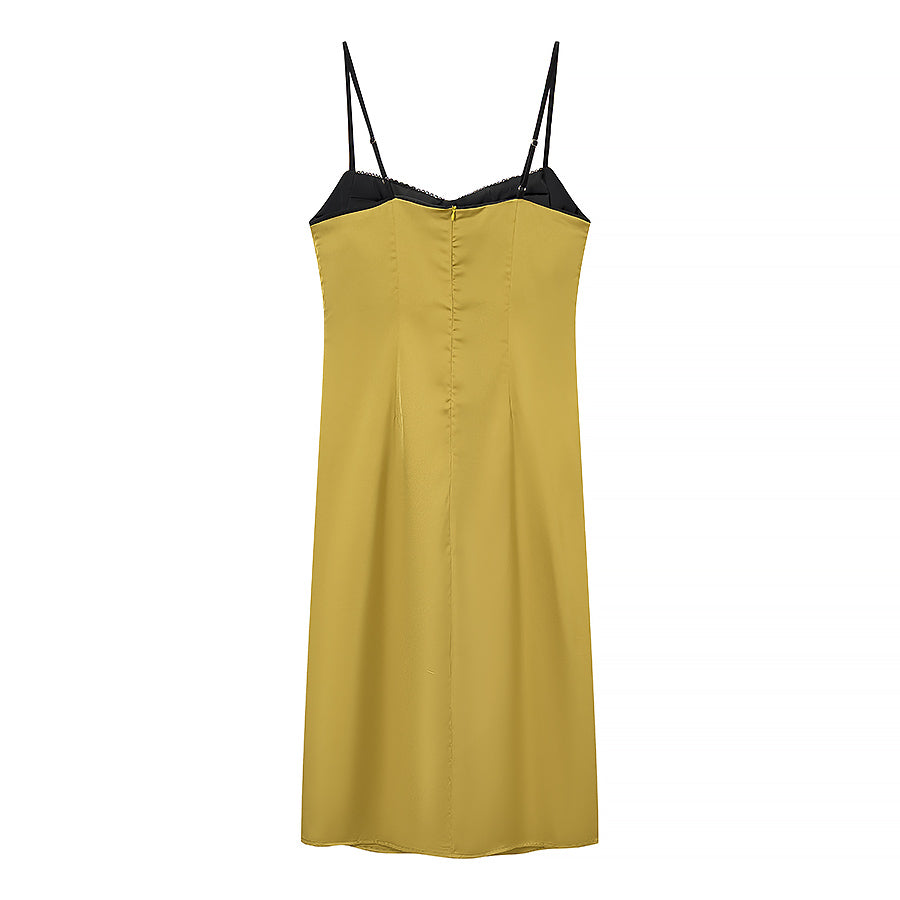 Summer Color Contrast Patchwork Strappy Low Cut Simple Elegant Midi Dress Ragazza