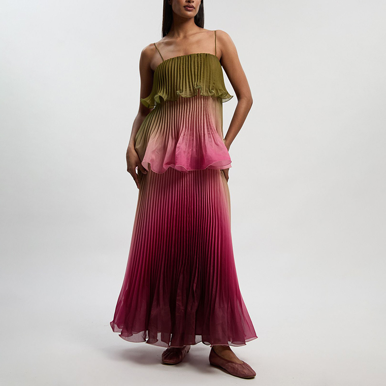 Women Clothing Summer Gradient Vacation Ruffled Pleated Layered Cami Dress Ragazza