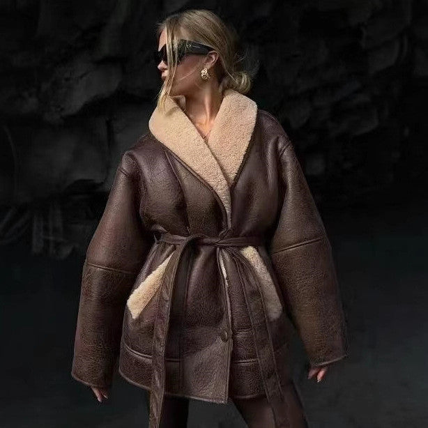 PU Leather Fur-Collar Belted Coat