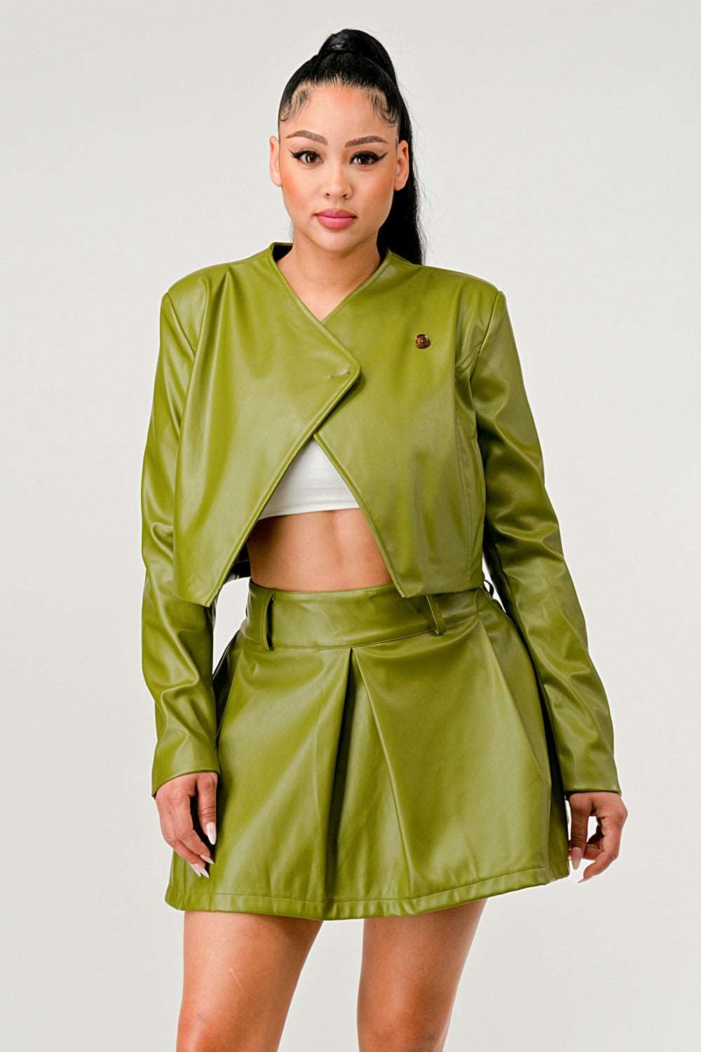 Button Up Pu Leather jacket and Skirt Set ATHINA RETAIL