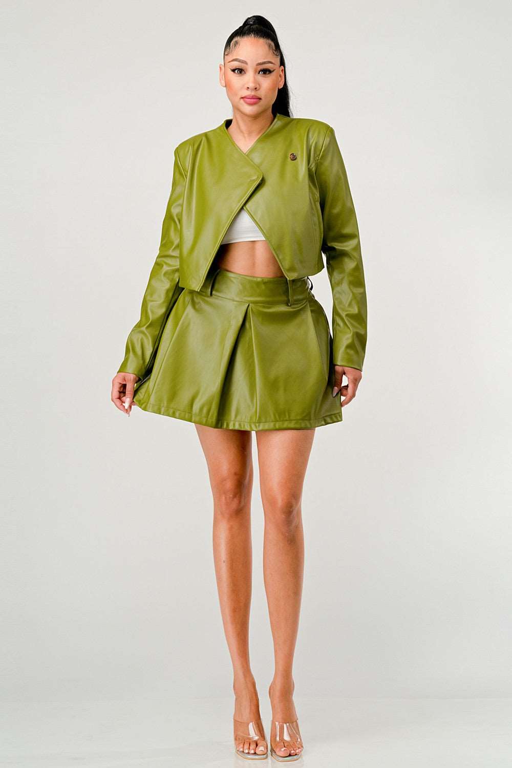 Button Up Pu Leather jacket and Skirt Set ATHINA RETAIL