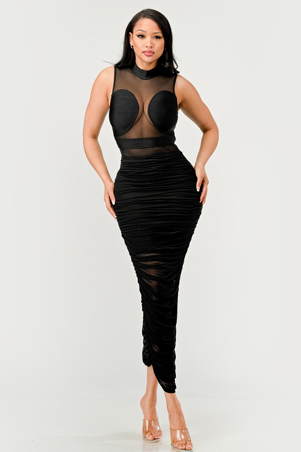Sleek Black Sheer Illusion Midi Dress ATHINA RETAIL