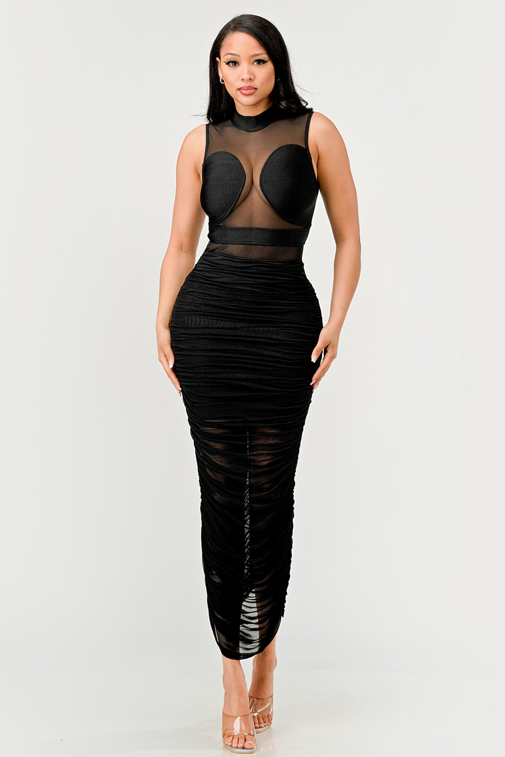 Sleek Black Sheer Illusion Midi Dress ATHINA RETAIL
