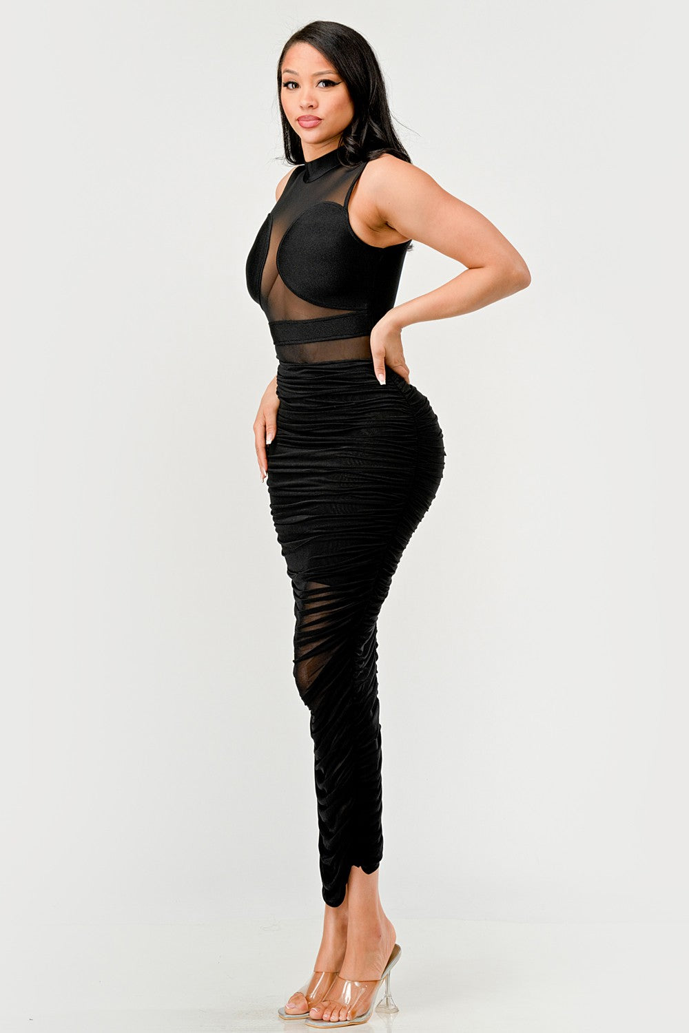 Sleek Black Sheer Illusion Midi Dress ATHINA RETAIL