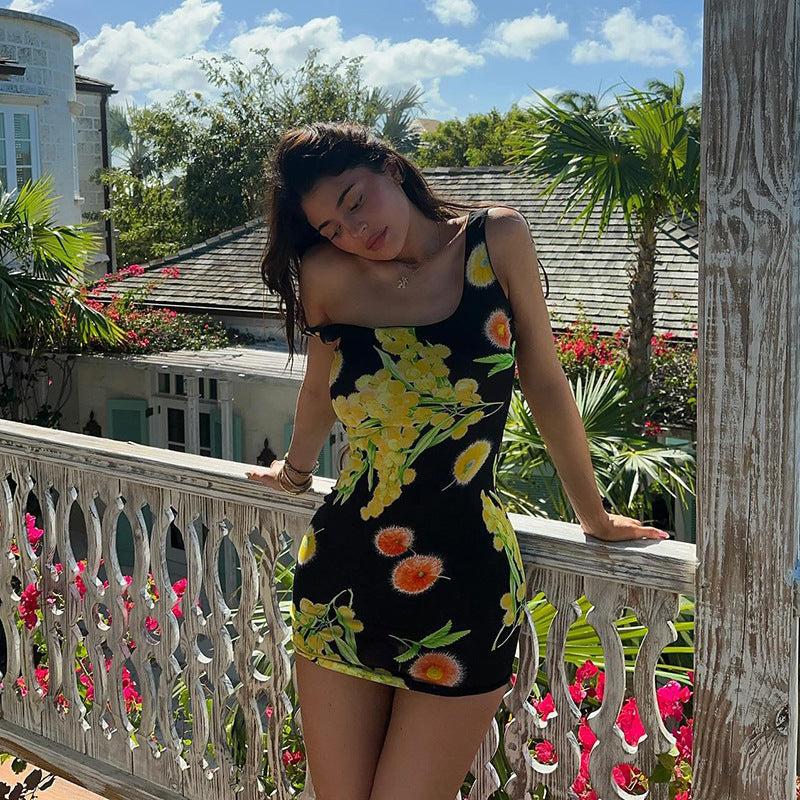 Printed High-Waist Sling Dress
