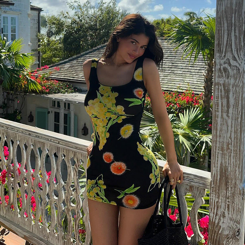 Printed High-Waist Sling Dress