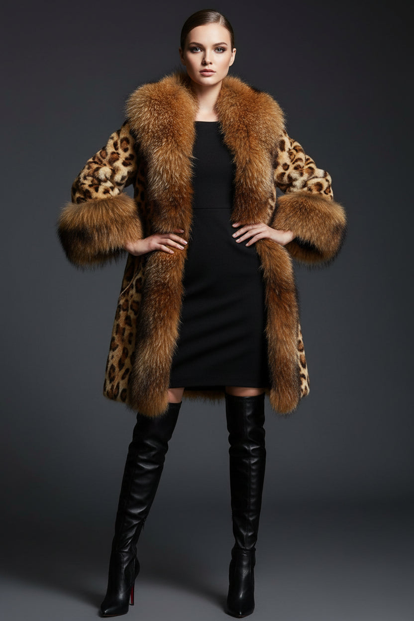Leopard-Print Faux Fur Collar Mid-Length Coat