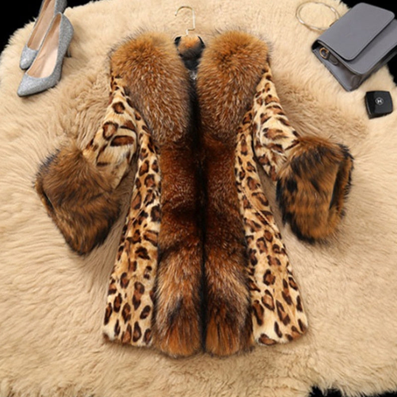 Leopard-Print Faux Fur Collar Mid-Length Coat