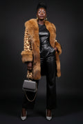 Leopard-Print Faux Fur Collar Mid-Length Coat