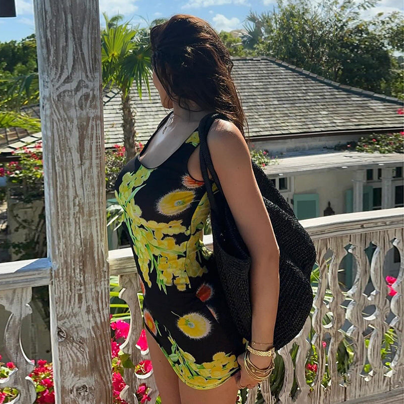 Printed High-Waist Sling Dress