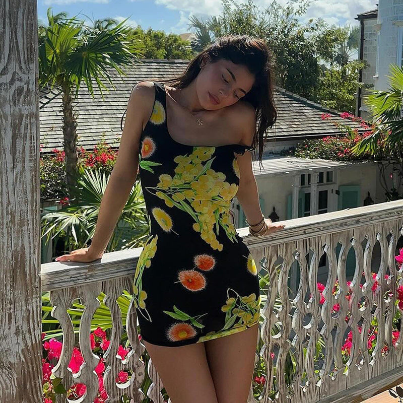 Printed High-Waist Sling Dress