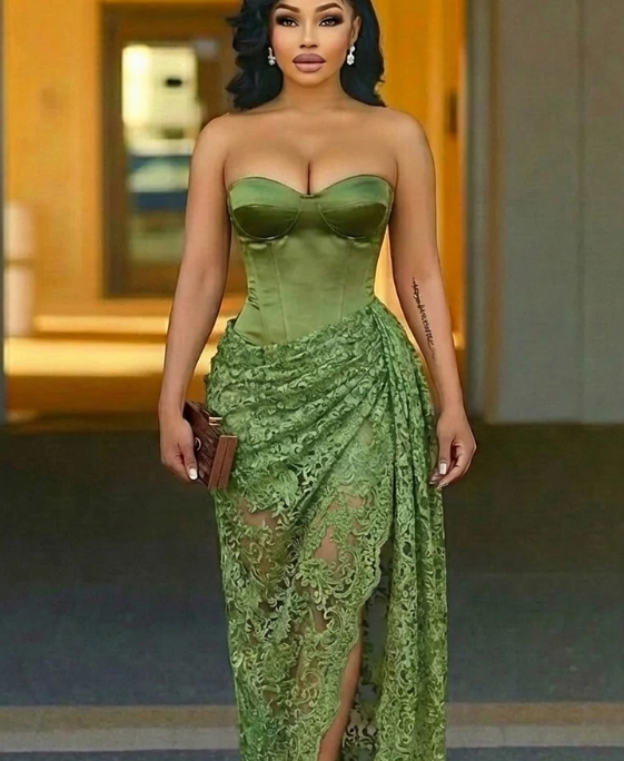 Strapless Lace Patchwork Cinch Waist Maxi Dress