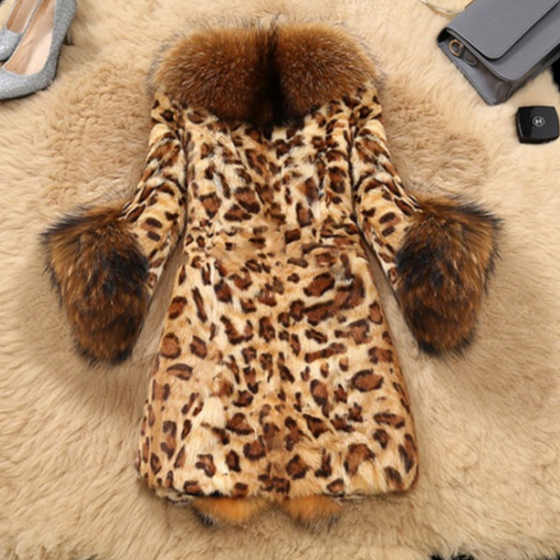 Leopard-Print Faux Fur Collar Mid-Length Coat