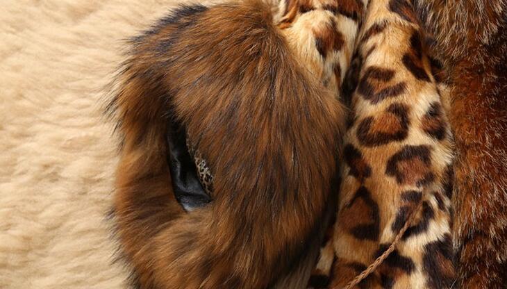 Leopard-Print Faux Fur Collar Mid-Length Coat