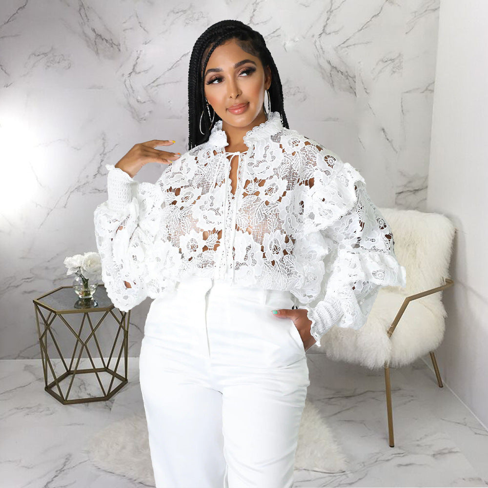 Hollow-Out Flounce Trim Lace-Up Lantern Sleeve Cardigan Bella Mia