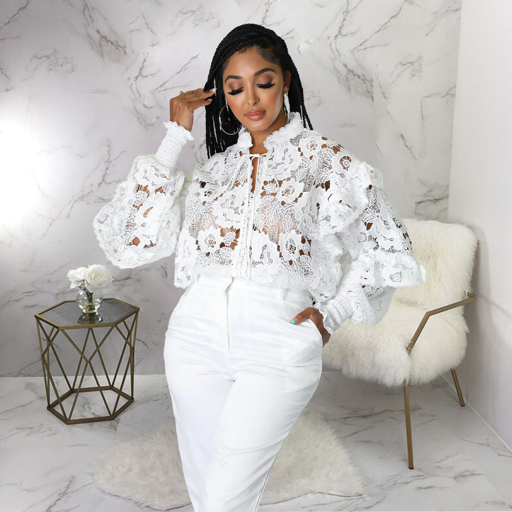 Hollow-Out Flounce Trim Lace-Up Lantern Sleeve Cardigan Bella Mia