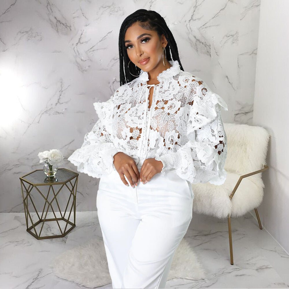 Hollow-Out Flounce Trim Lace-Up Lantern Sleeve Cardigan Bella Mia