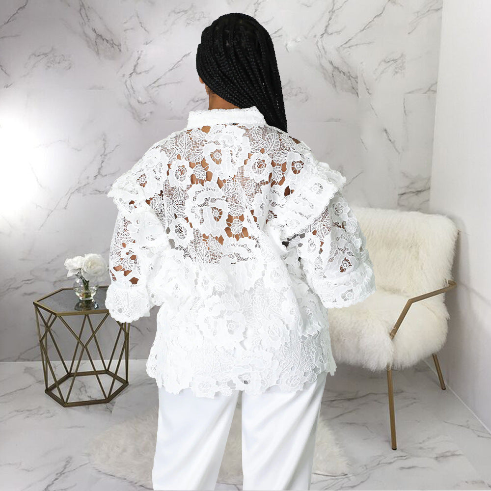 Hollow-Out Flounce Trim Lace-Up Lantern Sleeve Cardigan Bella Mia
