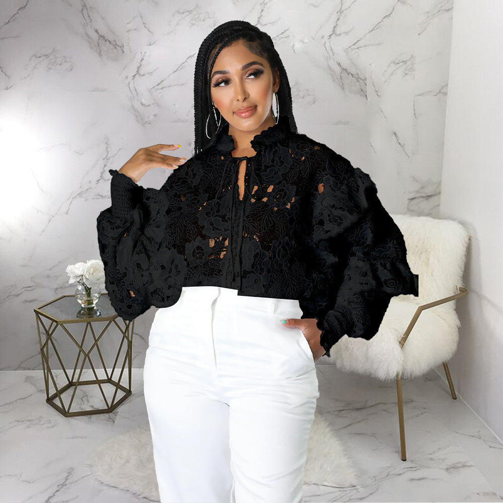 Hollow-Out Flounce Trim Lace-Up Lantern Sleeve Cardigan Bella Mia