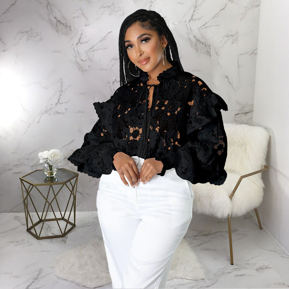 Hollow-Out Flounce Trim Lace-Up Lantern Sleeve Cardigan Bella Mia