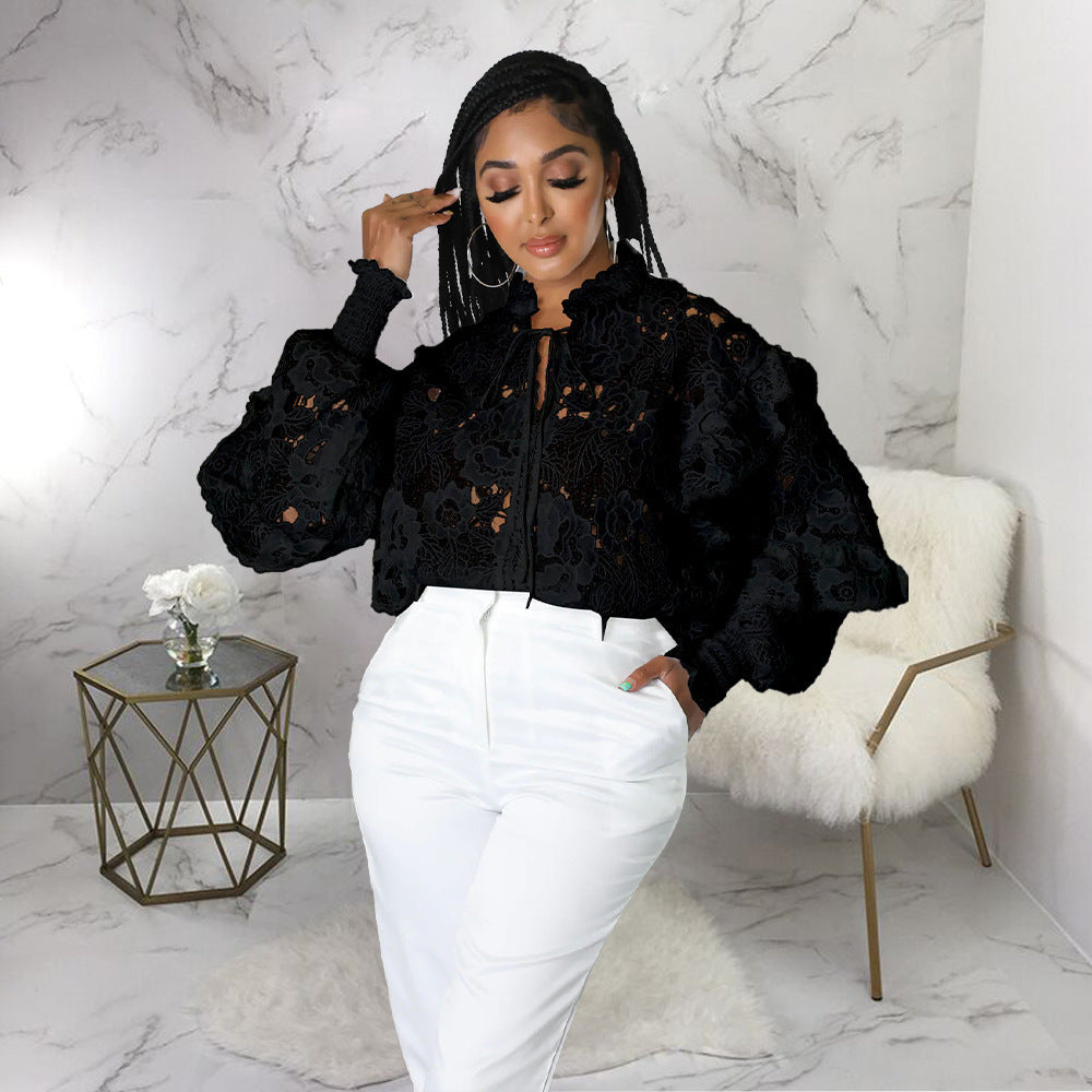 Hollow-Out Flounce Trim Lace-Up Lantern Sleeve Cardigan Bella Mia