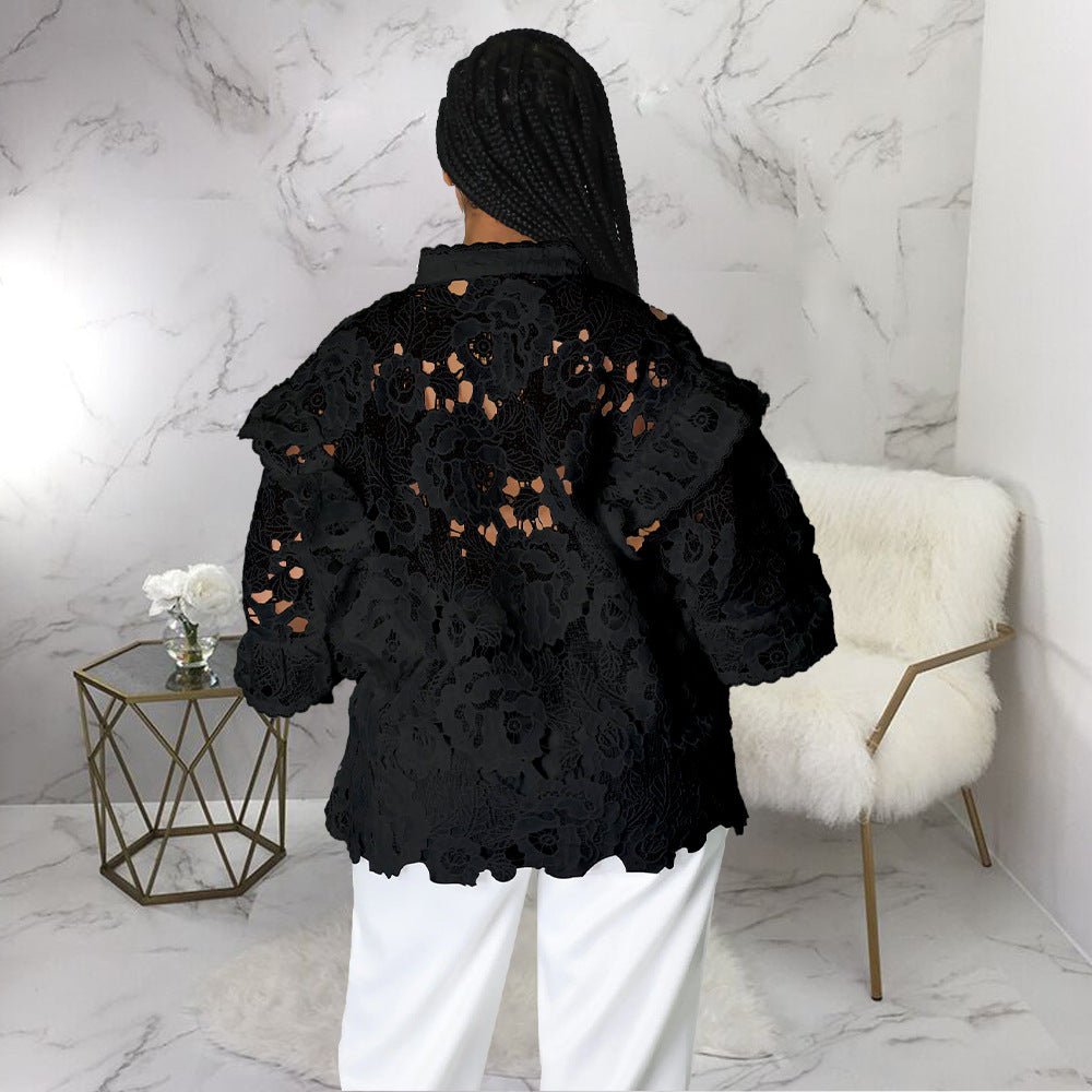 Hollow-Out Flounce Trim Lace-Up Lantern Sleeve Cardigan Bella Mia