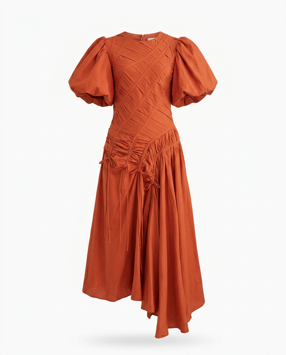 Vibrant Pleated Puff Sleeve Dress
