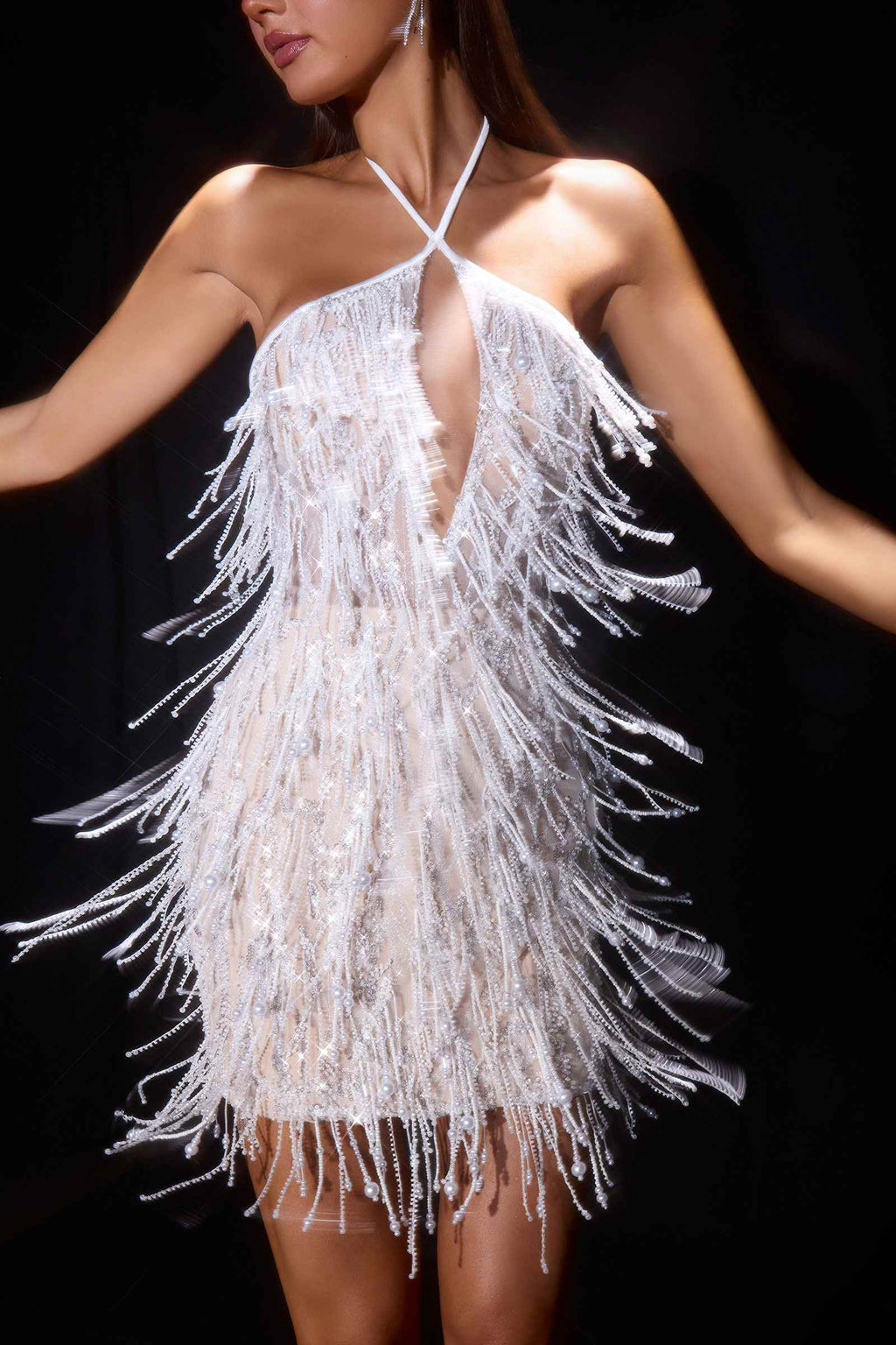 Fringe Beaded Halter Mini Dress