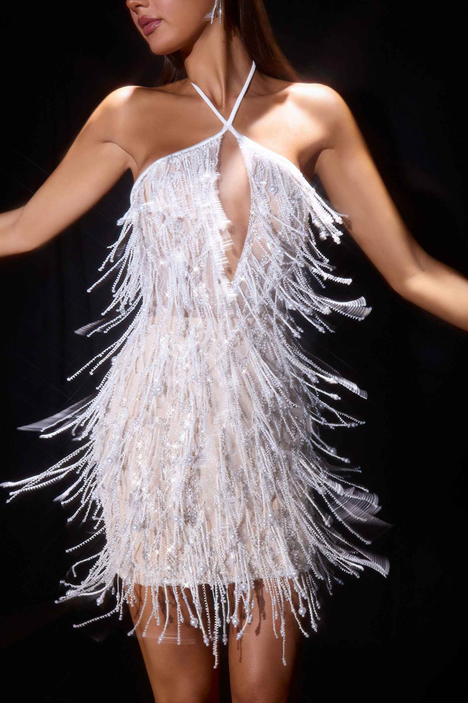 Fringe Beaded Halter Mini Dress