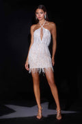 Fringe Beaded Halter Mini Dress