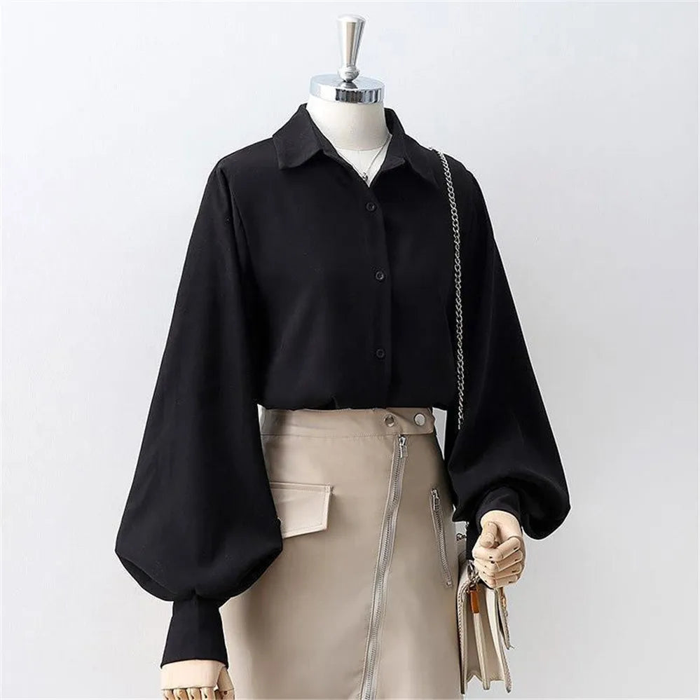 Korean Style 2022 Shirts Women Lantern Sleeve Loose Turn-down Collar Simple Solid Feminino Blouses Autumn All-match Fashion Urban Fashion Icon