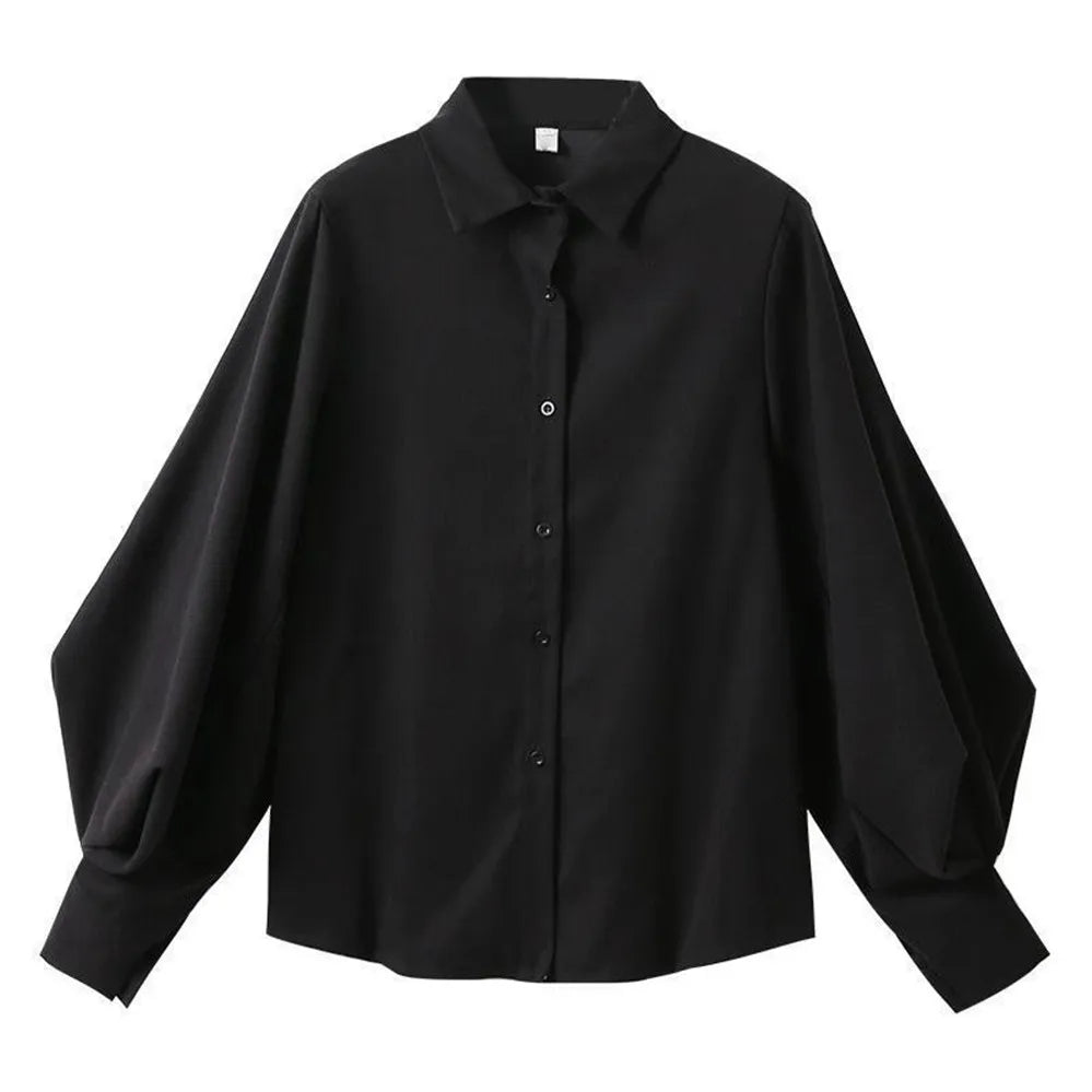 Korean Style 2022 Shirts Women Lantern Sleeve Loose Turn-down Collar Simple Solid Feminino Blouses Autumn All-match Fashion Urban Fashion Icon