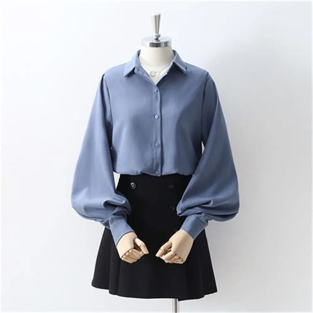 Korean Style 2022 Shirts Women Lantern Sleeve Loose Turn-down Collar Simple Solid Feminino Blouses Autumn All-match Fashion Urban Fashion Icon