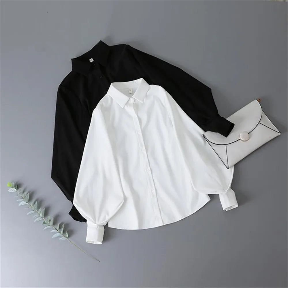 Korean Style 2022 Shirts Women Lantern Sleeve Loose Turn-down Collar Simple Solid Feminino Blouses Autumn All-match Fashion Urban Fashion Icon