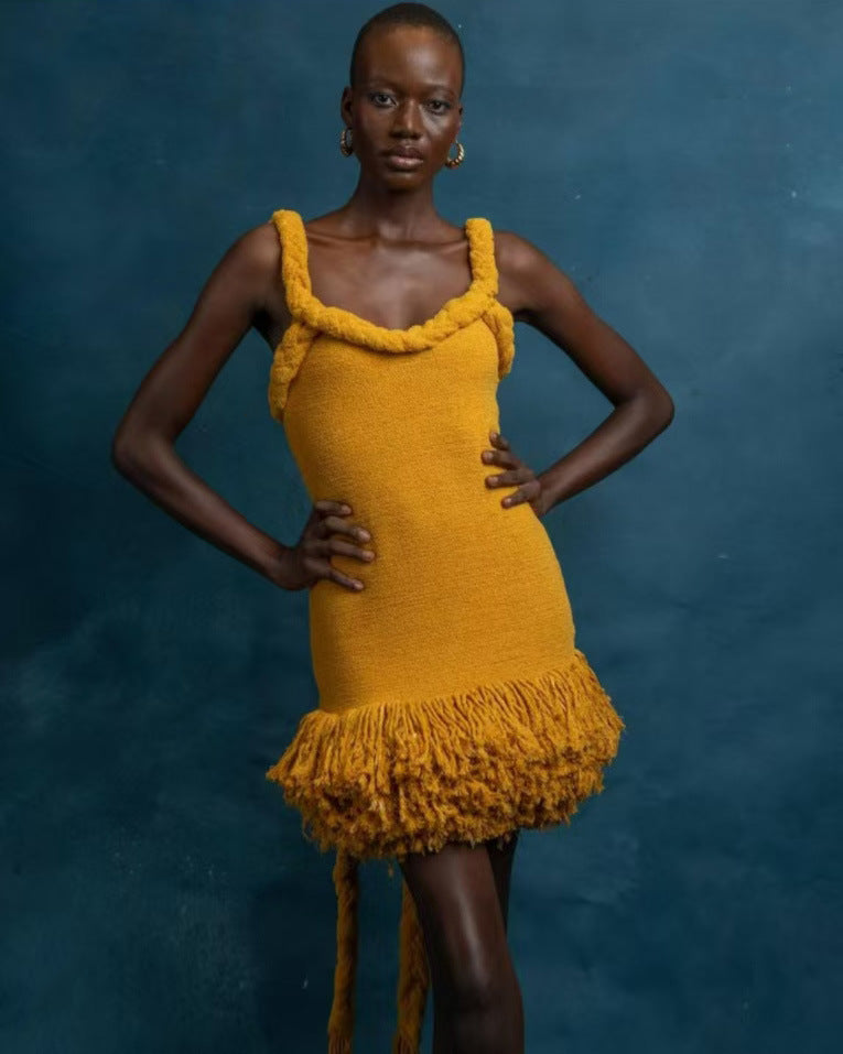 Sunflower Halter Fringe Tie Bodycon Mini Dress