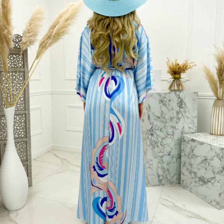 Women Clothing Spring Summer Casual Vacation V neck Printed Dress