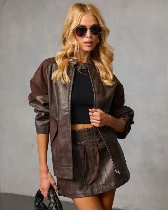 Vintage Faux Leather Stitching Contrast Color Coat Sexy Rope Design Hip Skirt Sets Wanita Store