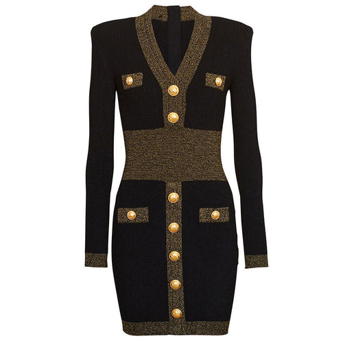 Black Gold Silk Stitch V-Neck Long Sleeve Knit Bodycon Mini Dress Ragazza
