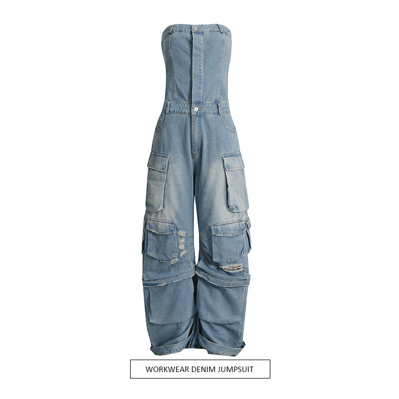 Summer Multi Pocket Ripped Waist Slimming Sexy Tube Top Tooling Denim Jumpsuit Women Wanita Store