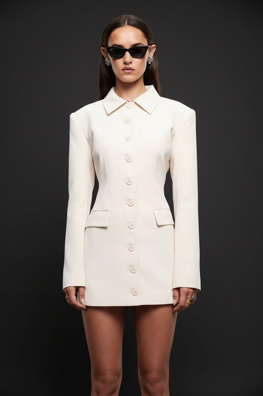 White Collared Button Blazer Mini Dress