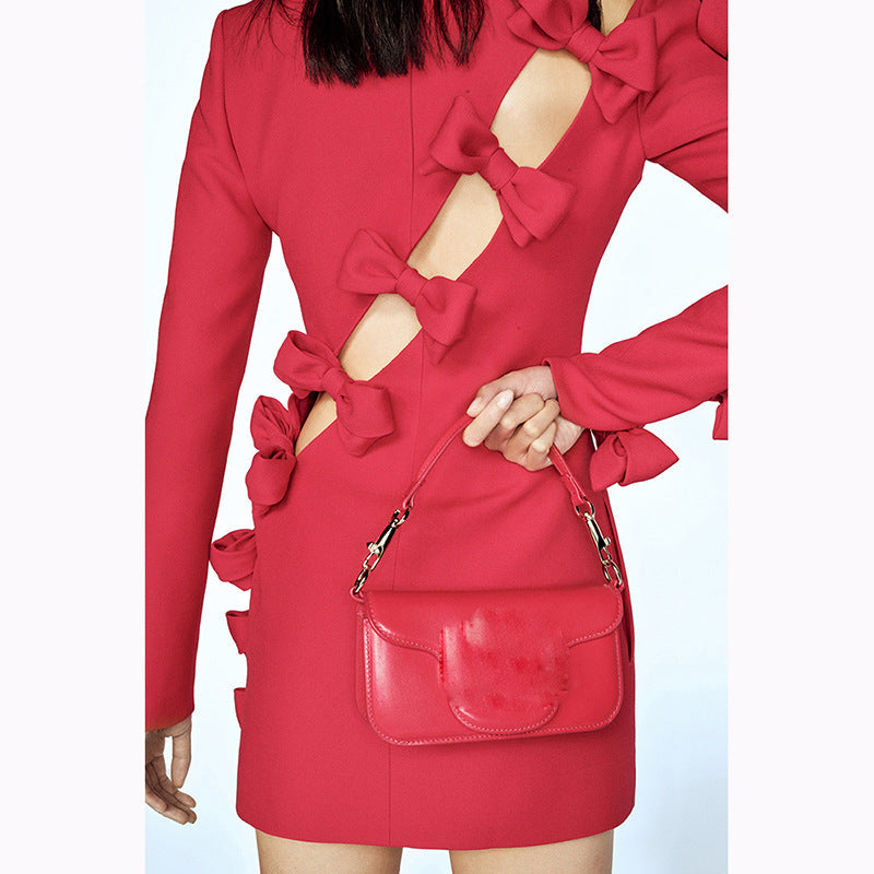 Early Autumn Star Personality Asymmetric Hollow Out Cutout Bow Dress Small Dress Ragazza