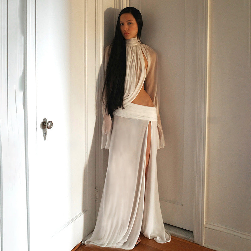 Winter Women Clothing Sexy See through Turtleneck Bell Sleeve Top Split Skirt Two Piece Sets Ragazza