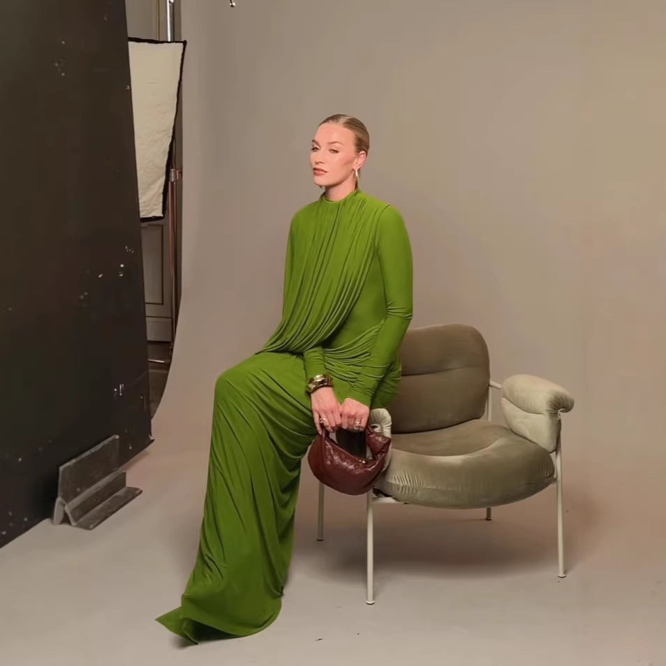 Dress Winter round Neck Green Pleated Long Sleeve Wanita Store