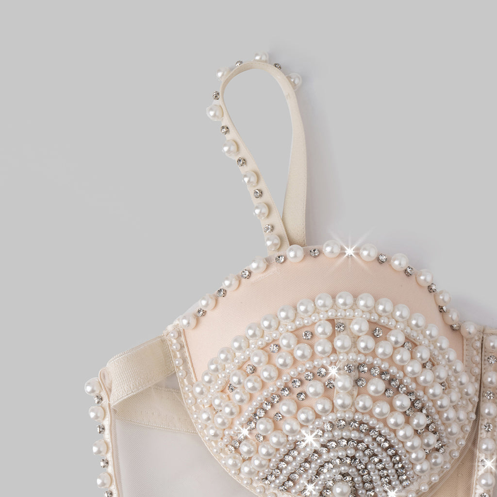French Sexy Hollow Out Cutout Underwear Vest One Piece Outer Wear Boning Corset Top Pearl Seam Diamond Top