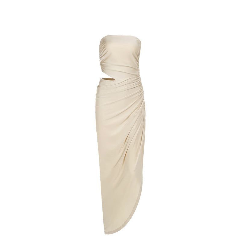 Apricot Strapless Ruched Cutout Asymmetric Midi Dress