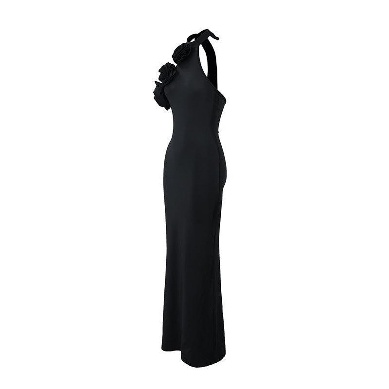 Three-Dimensional Floral Halter Backless Dress
