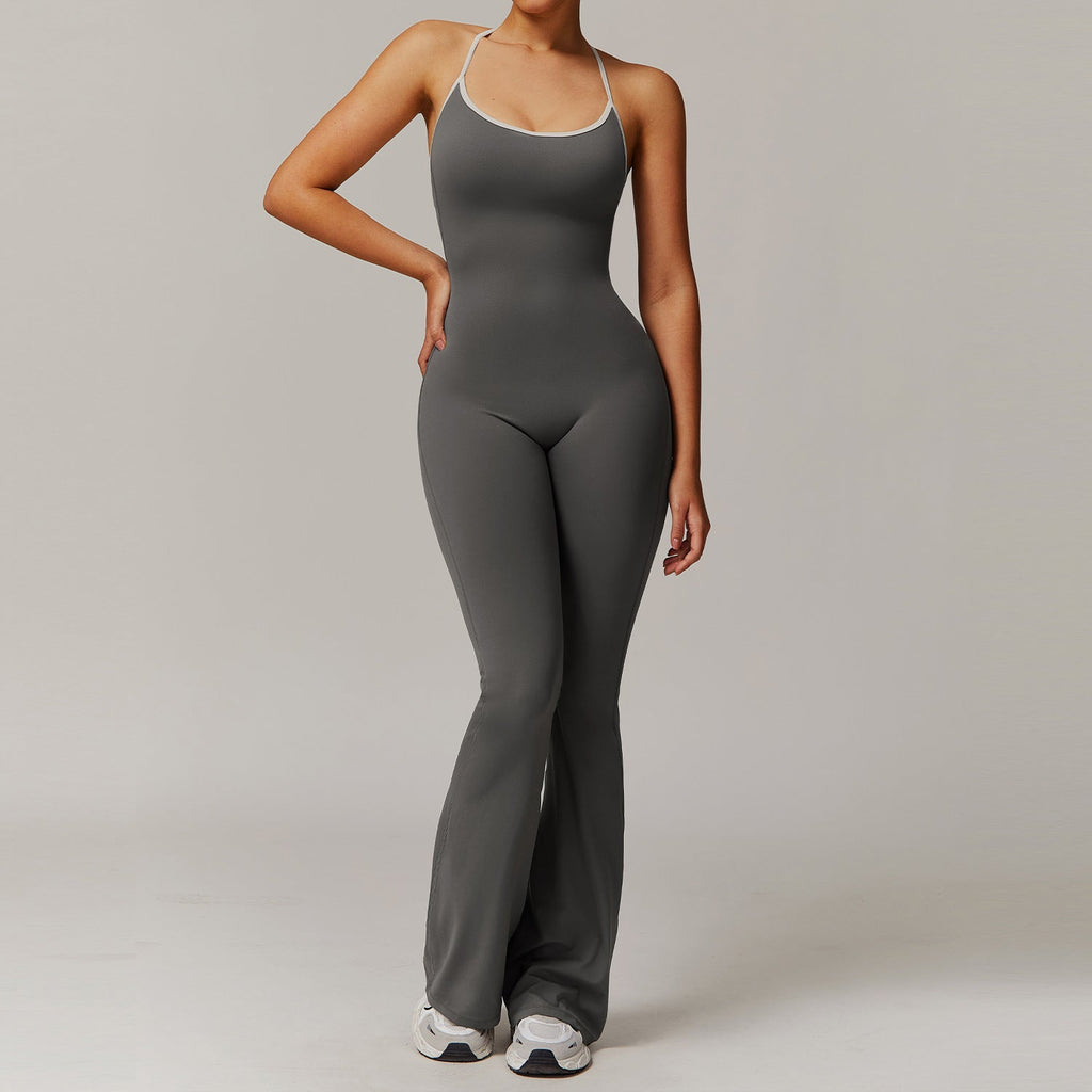 Sollinarry Nude Feel Cross Beauty Back Yoga Jumpsuit Pleated Slightly Pull Running Sports Fitness Horn Jumpsuit