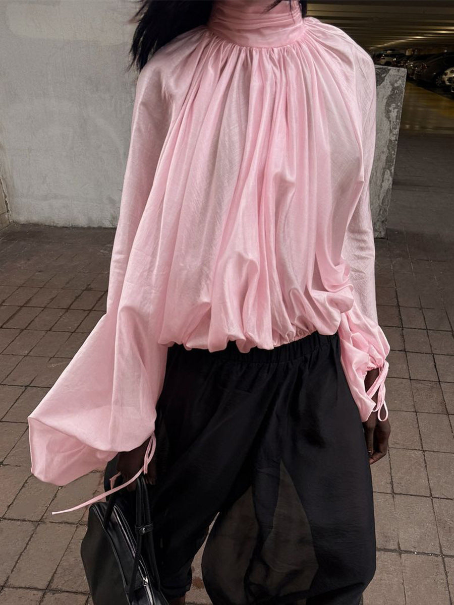 Turtleneck Long Sleeve Shirt Spring Summer Semi Transparent Lantern Sleeve Pleated Bud Turtleneck Shirt