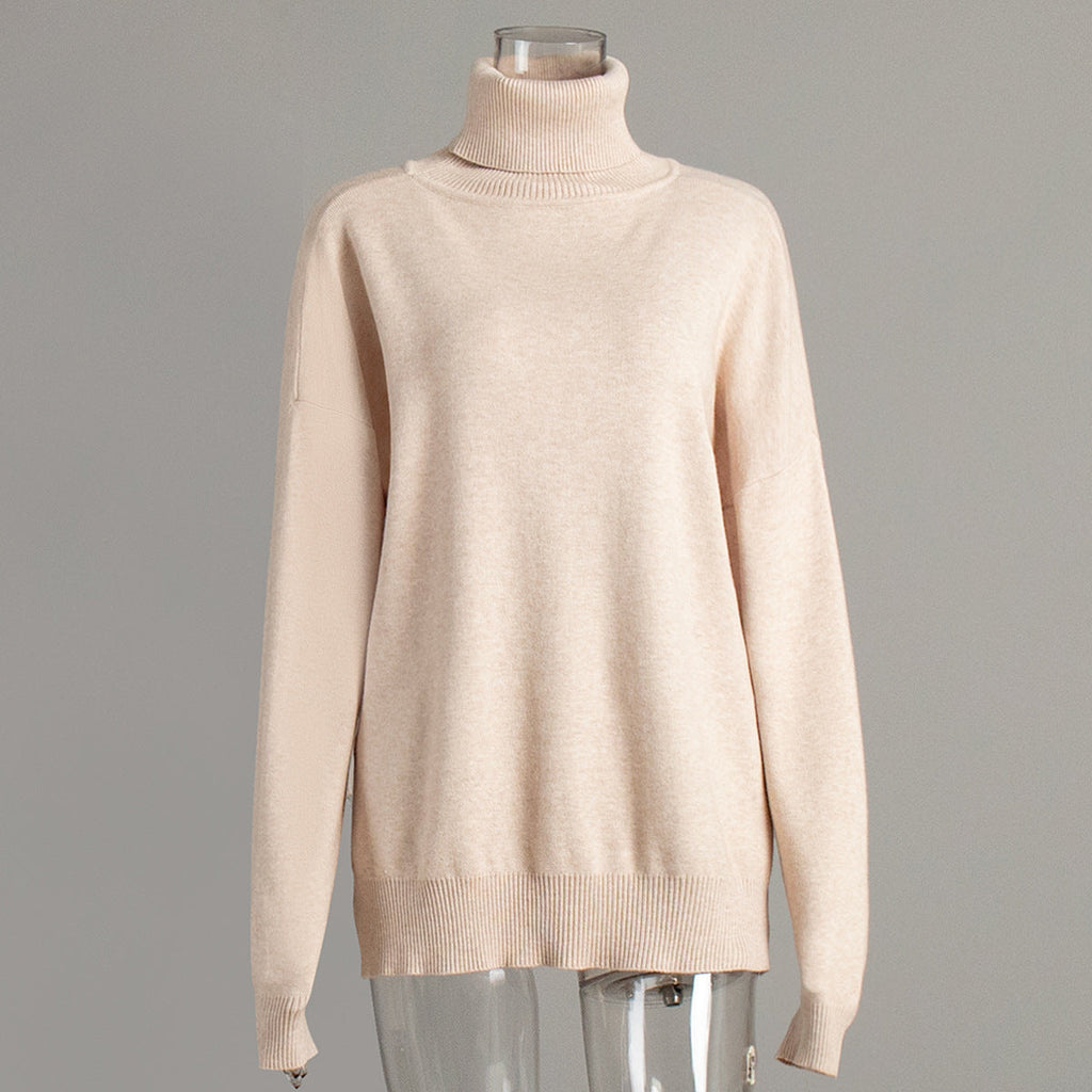 Turtleneck Slit Loose Solid Knit Sweater Bella Mia