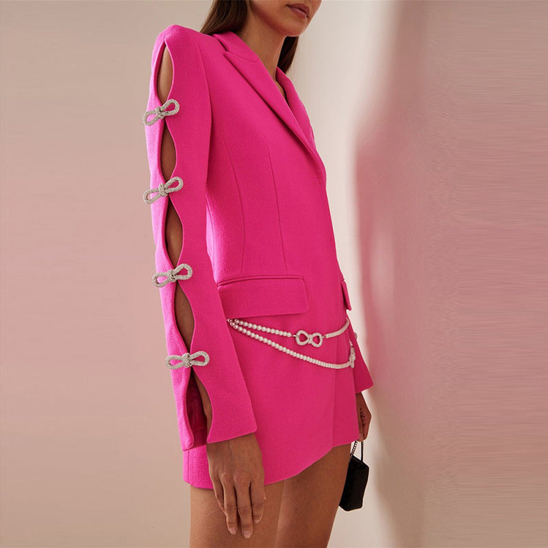 Pink Jeweled Bow Pearl Blazer Dress